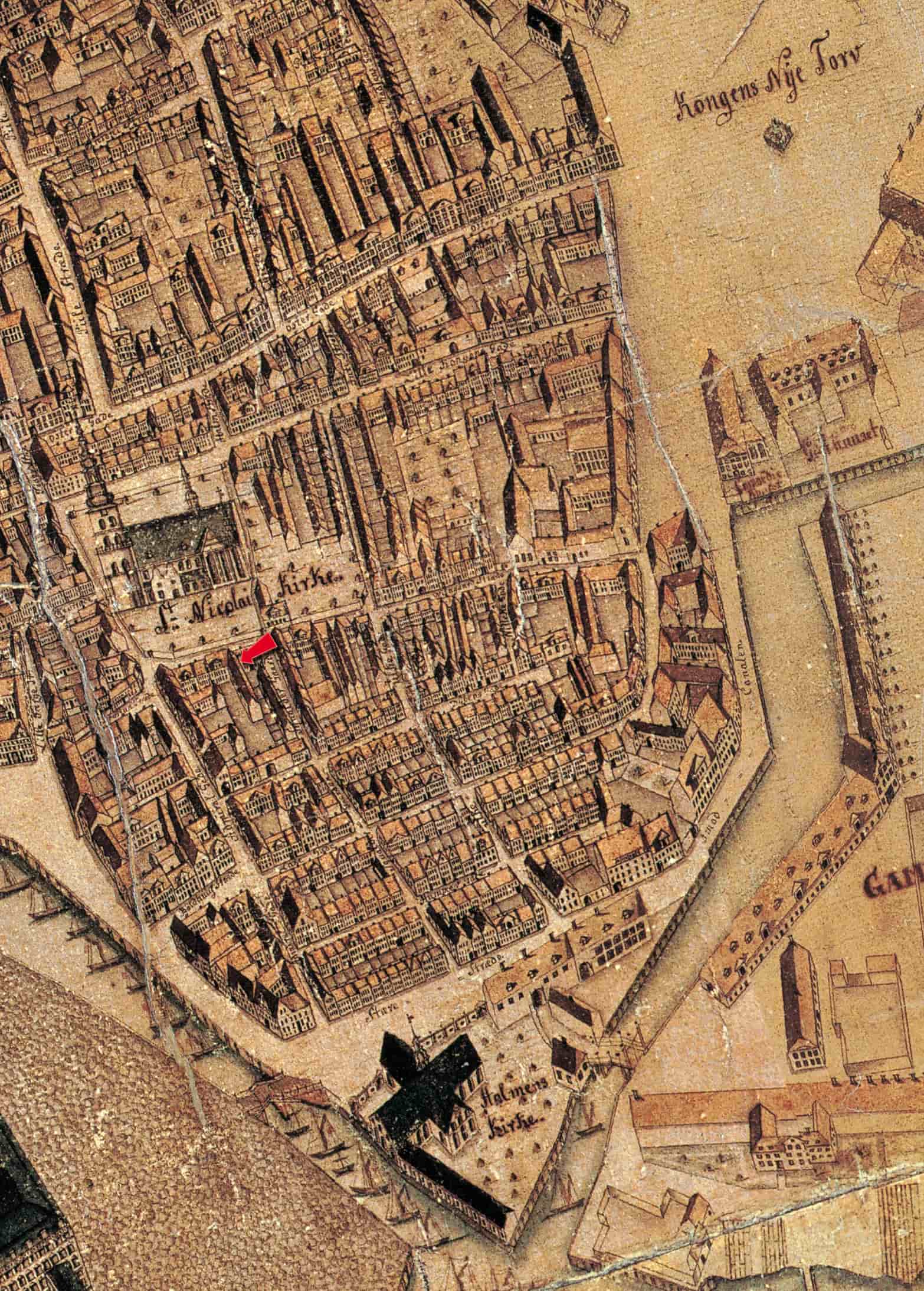 Geddes eleverede kort over København fra 1750'erne.<br>Holmens kirke ses nederst i billedet, mens præsteboligen ved Sct. Nikolaj kirke er markeret med rød pil.
