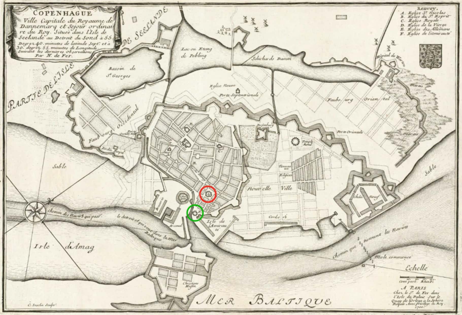 Fransk kort, der viser København, som byen så ud på Iver Brinks tid.<br>Holmens kirke, hvori Iver Brink var præst fra 1702-11 ligger ned til vandet i den gamle bydel (grøn ring).<br>Sct. Nikolaj kirke, hvori han var præst fra 1711-28, ligger lidt længere inde i byen (rød ring).