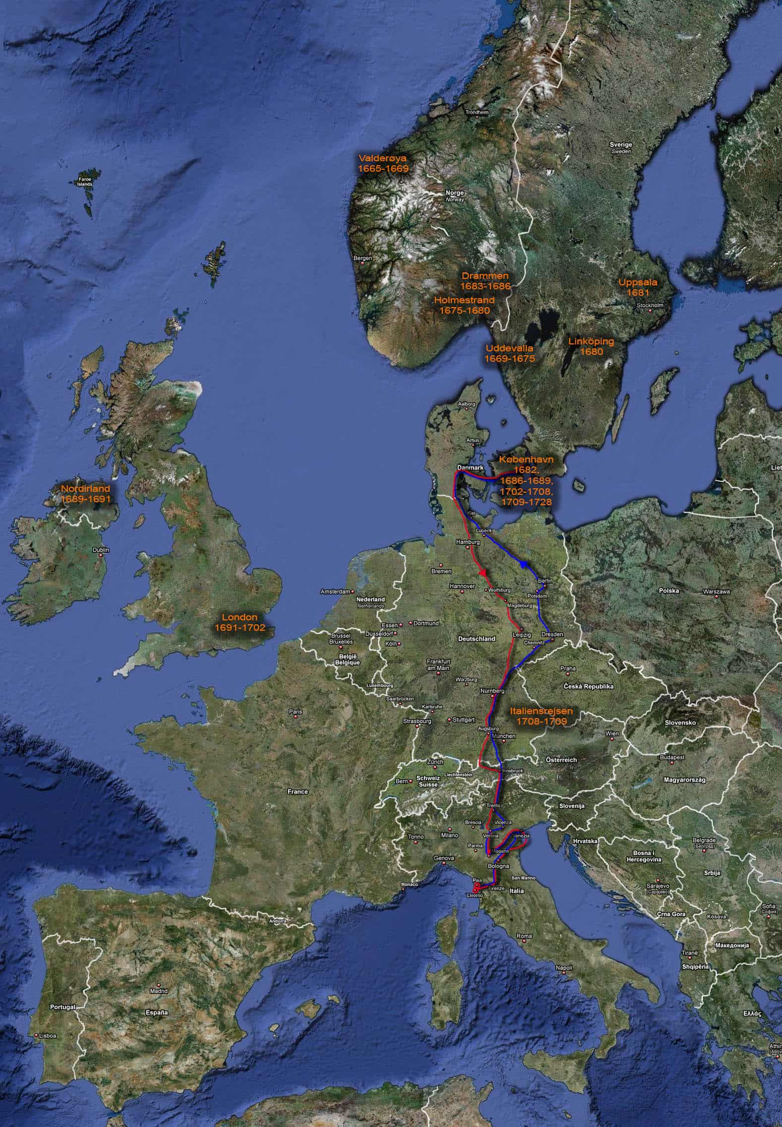 Især i sine yngre år flyttede Iver Brink en del rundt i Skandinavien og på De Britiske Øer. På dette kort er noteret hans kendte opholdssteder og ruten for Italiensrejsen. Udrejsen til Italien er vist med rødt, mens hjemrejsen er vist med blåt. De viste landegrænser er de nuværende.