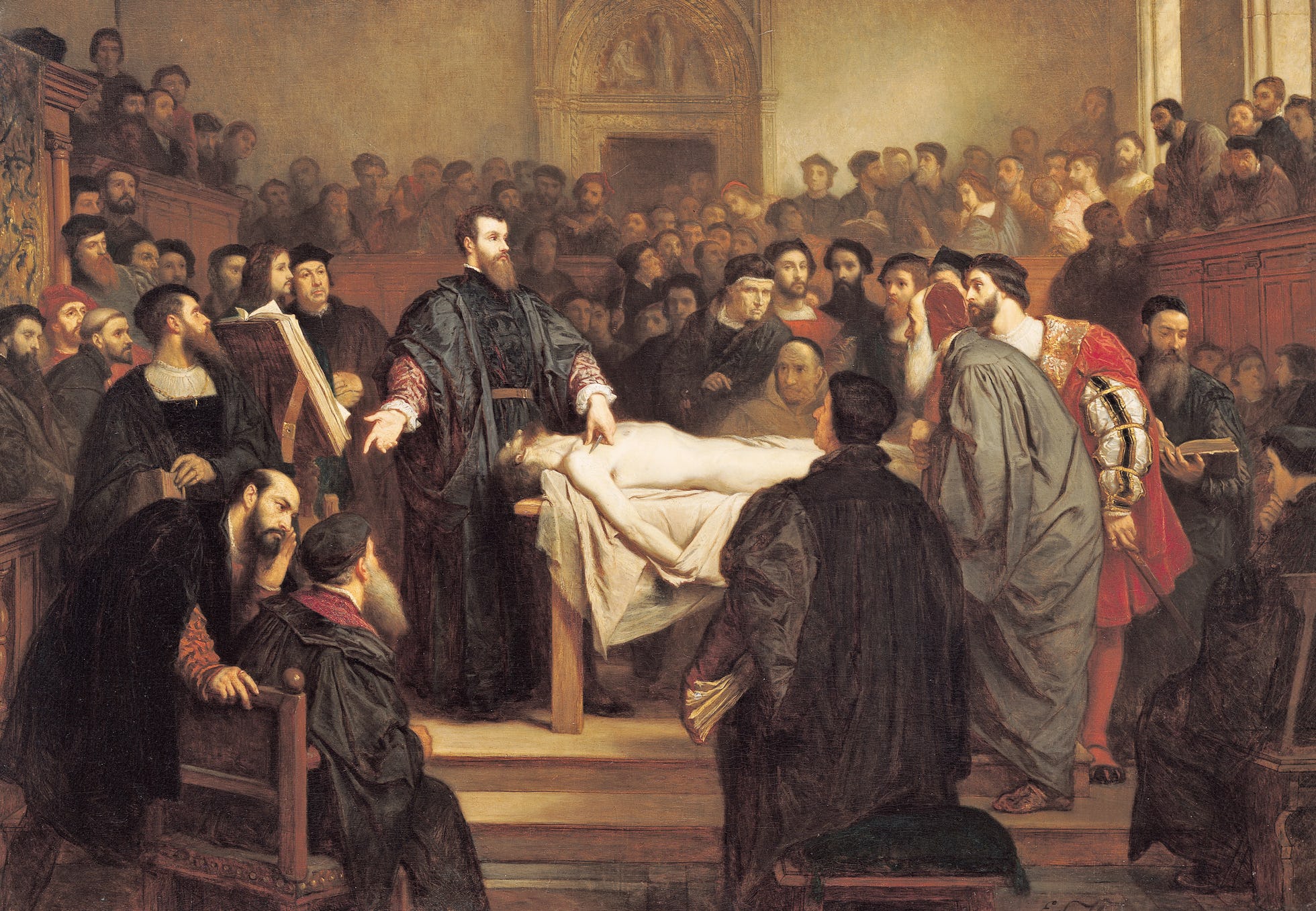 Anatomilektion fra 1500-tallet, hvor de kommende kirurger bliver undervist af professoren