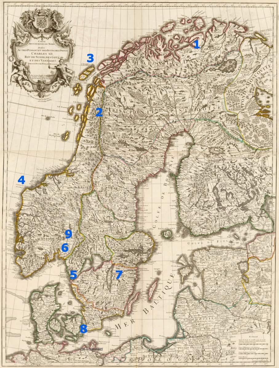 Kort over Skandinavien trykt i Frankrig i 1706.<br>Følgende af Diderich Johansen Brinks og Helene Hansdatters bopæle er markeret:<br>1. Finnmark, 2. Nordland, 3. Lofoten, 4. Valderøya, 5. Uddevalla,<br>6. Holmestrand, 7. Linköping, 8. København, 9. Drammen