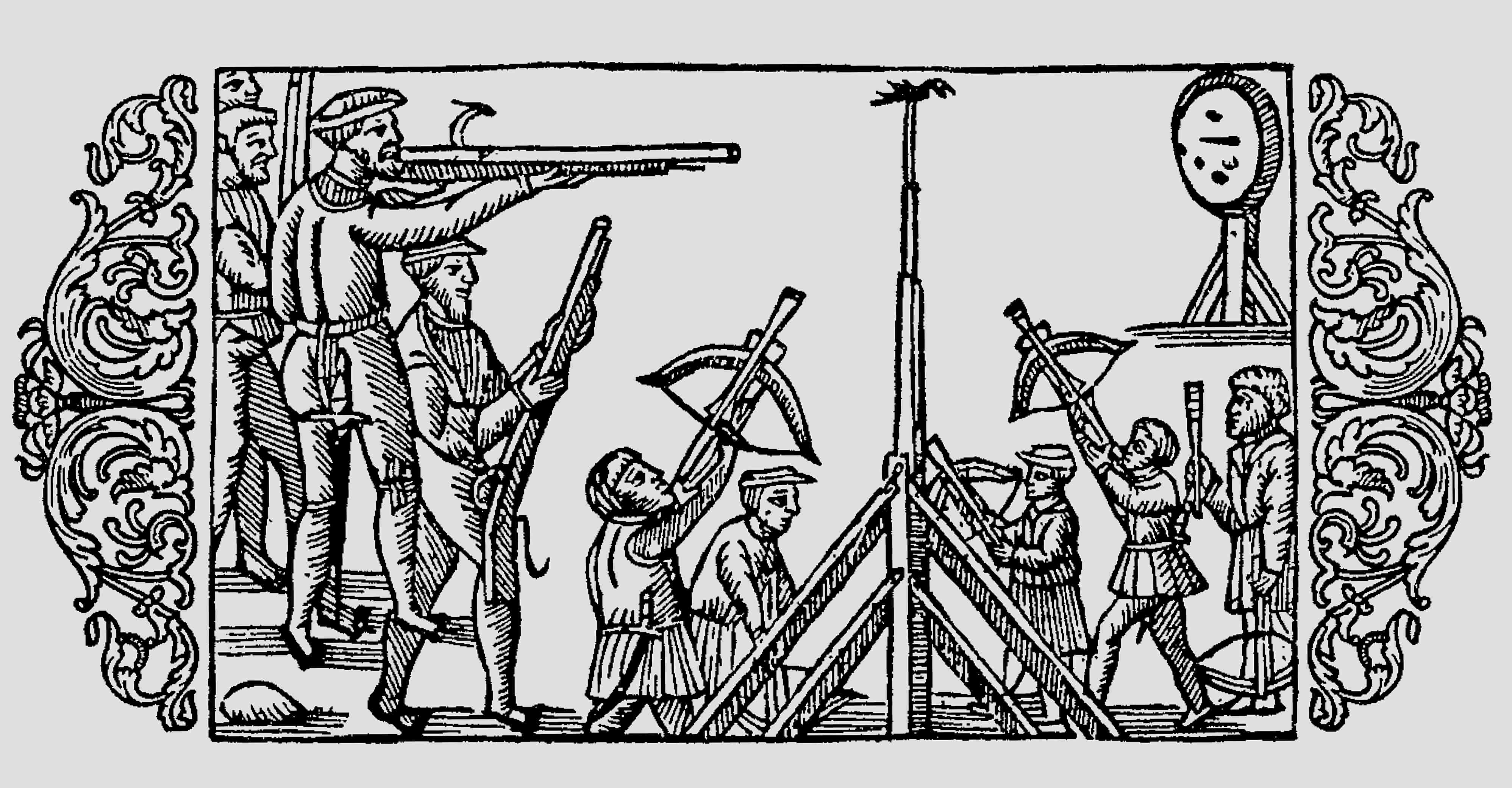 Fugleskydningskonkurrence<br> <a href='https://books.google.dk/books?id=O9lEAAAAcAAJ&dq=inauthor:%22Olaus+Magnus%22&pg=PP5&redir_esc=y#v=onepage&q&f=false' target='_blank'>Kilde: Olaus Magnus (1555): Historia De Gentibus Septentrionalibus</a>