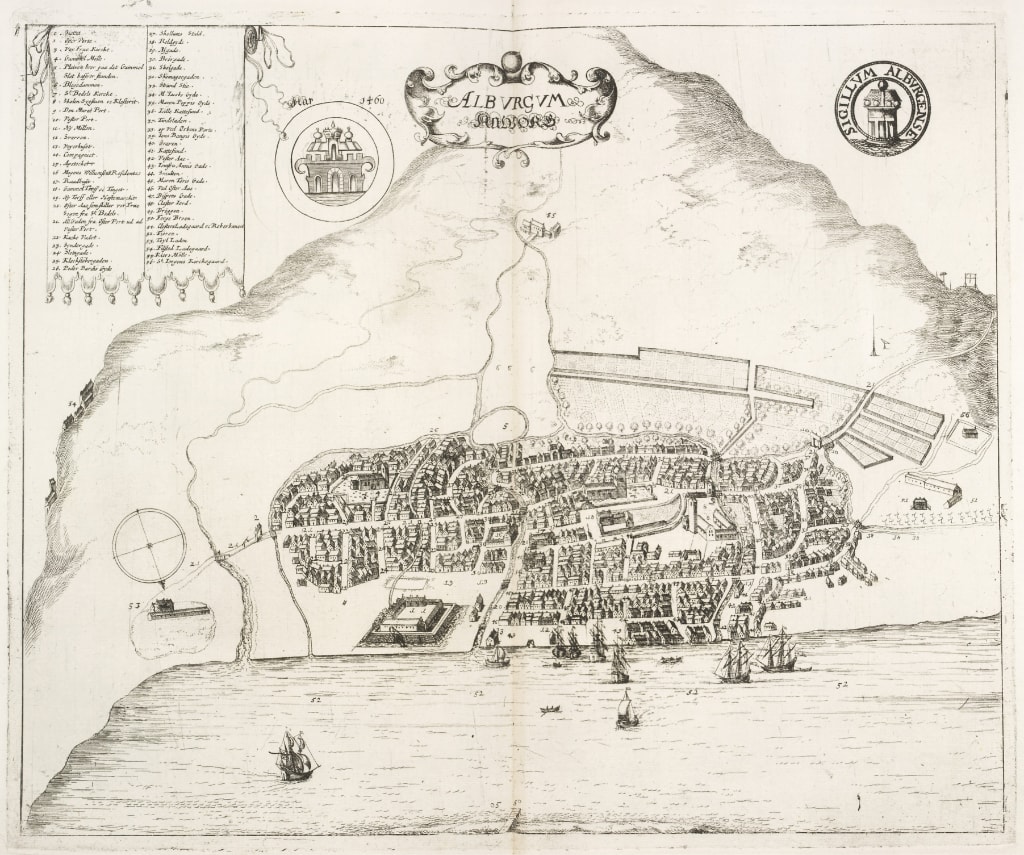 Prospekt af Aalborg fra Resens Atlas set fra nord, 1677<br> <a href='http://kb-images.kb.dk/DAMJP2/DAM/Maps/0000/079/355/Resen_pl_86/full/full/0/native.jpg' target='_blank'>Kilde: Det Kongelige Bibliotek</a>