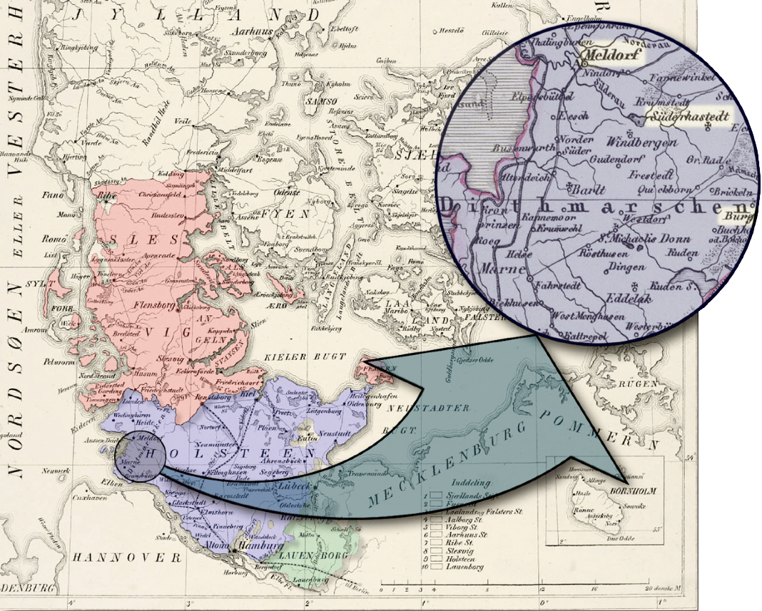 Hertugdømmerne under det danske monarki med markering af området i Ditmarsken, hvor Wolf von Buchwald og hans familie stammede fra