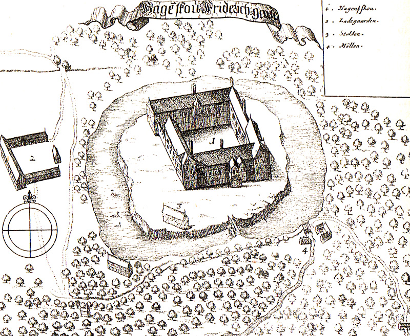 Skitse af <a href="https://www.hagenskov.dk/gods.htm" target="_blank">Hagenskov gods</a> fra cirka 1680 - et par
    årtier efter at Bertel Jensen havde været ridefoged på godset