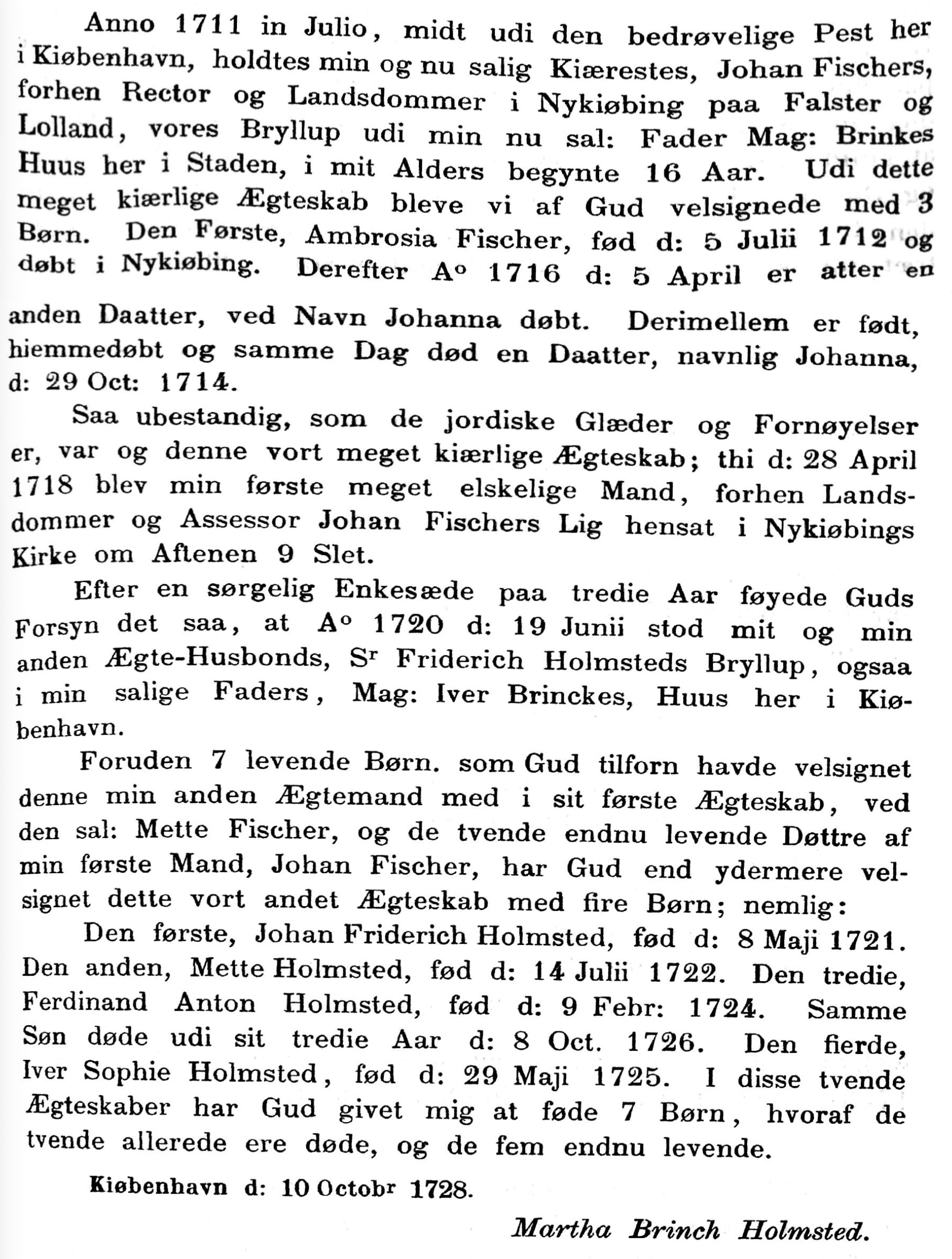 Martha Maria Brinks efterskrift i hendes fars nekrolog, 1728
