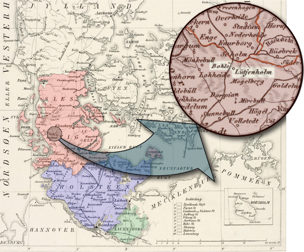 Danmarkskort fra 1850. Hertugdømmerne under det danske monarki var Slesvig
      (rødt) og Holsten (blåt).<br>Lauenborg (grønt) blev afstået til Danmark i 1815. Området, hvor Jeppe auf der Bohle boede, er
      forstørret.<br>Området, hvori sønnen Payes slægt ejede jord, strækker sig fra det forstørrede område og hele vejen ned langs Slesvigs
      vestkyst til den holstenske grænse.
